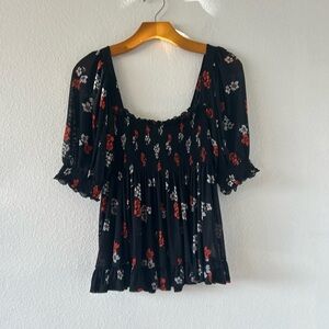 Free People Black Floral Blouse Mesh Sheer Baby Doll Top Size XS